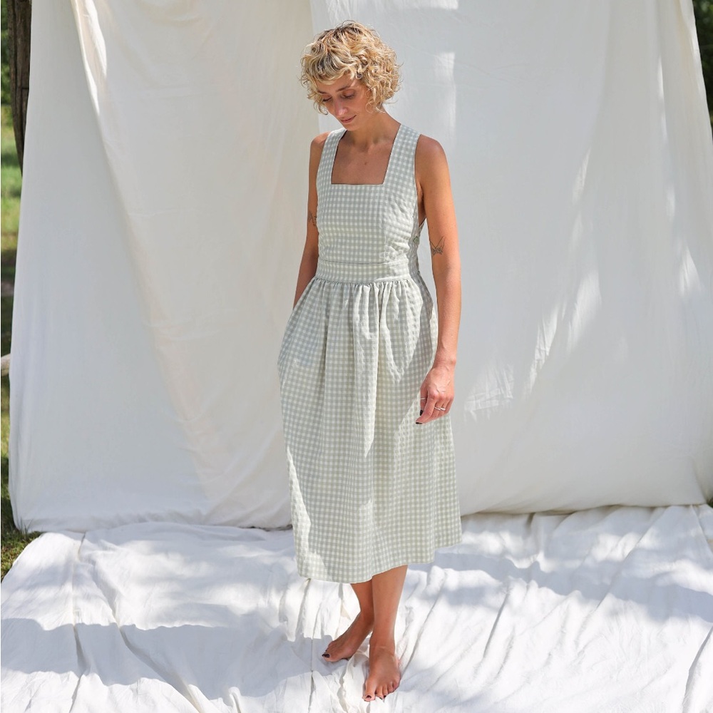 Cotton Gingham Apron Dress with Pockets